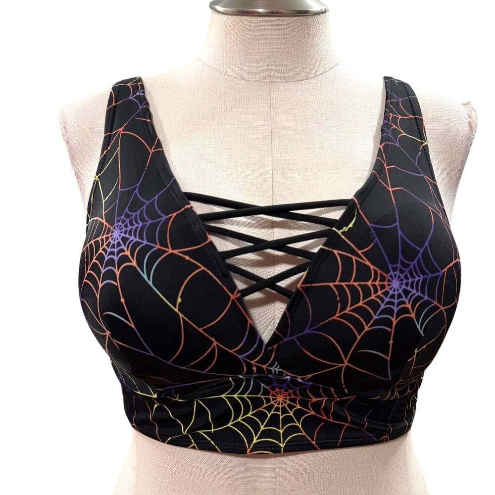 Torrid 1 (1X) Rainbow Spiderweb XO Strappy Padded Triangle Bikini Top Wireless